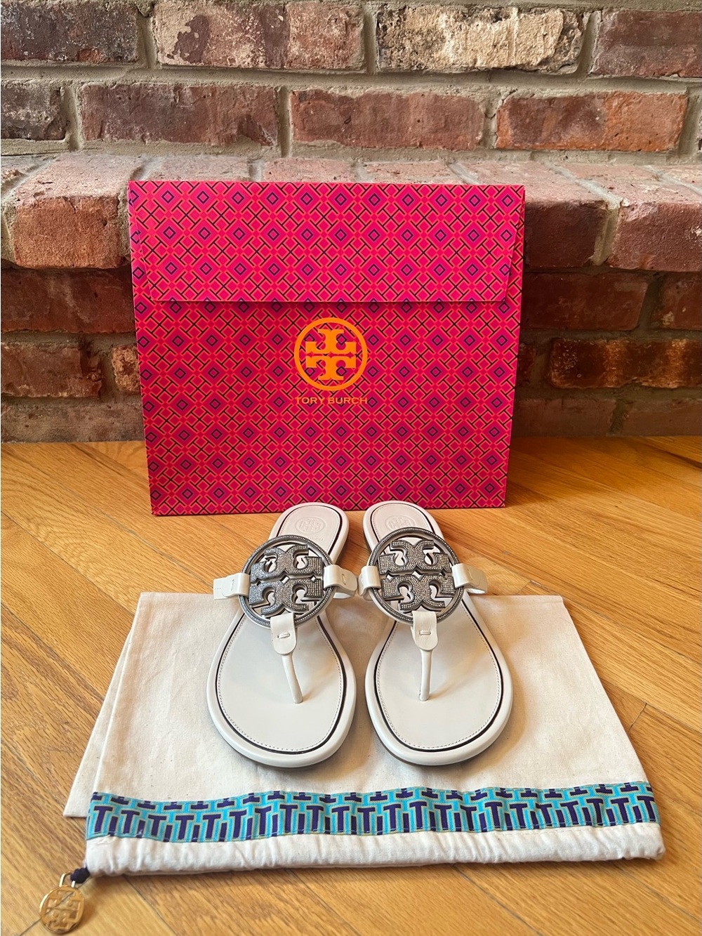 Tory Burch Bleach Ivory & Silver Metal Crystal Embellished Miller Sandals - Picture 3 of 13